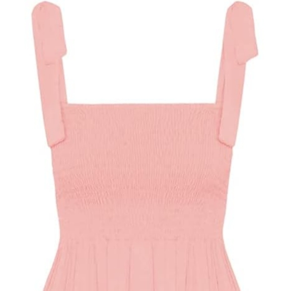 Pink Midi Tiered Dress Shoulder Ties Flowy Bohemian Smocked Tie Maxi Vacation - Picture 4 of 9